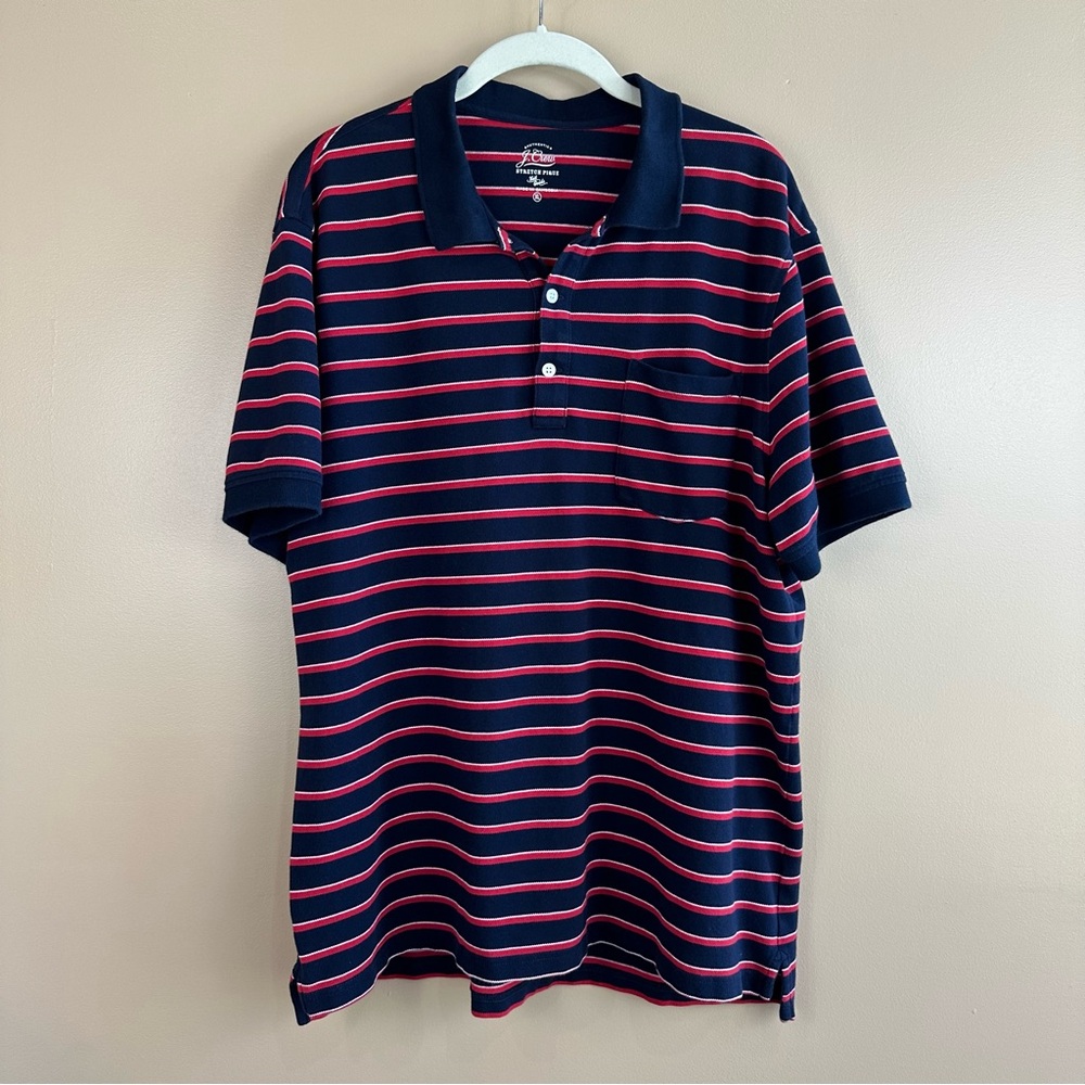 J Crew Stretch Pique Mens Navy & Red Striped Polo Shirt XL Preppy Nautical Ivy